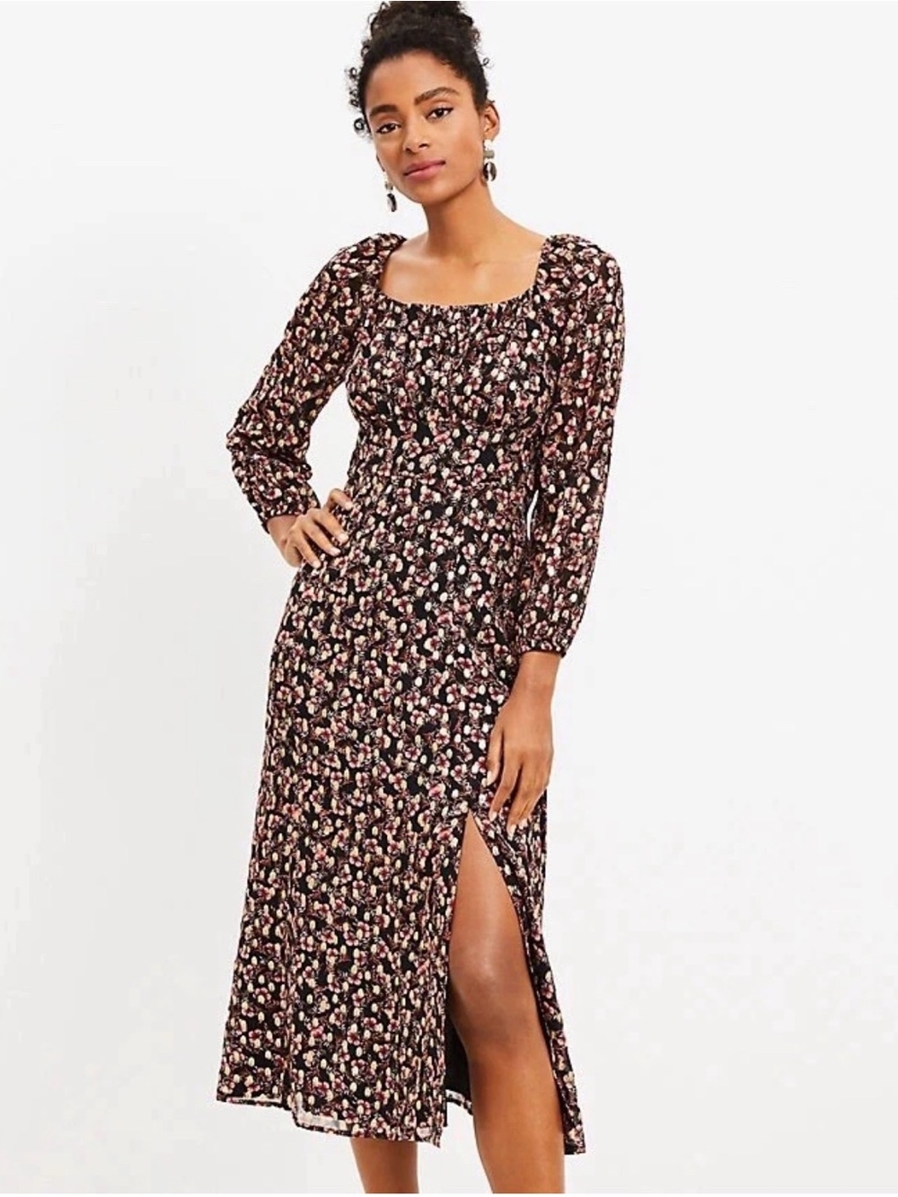 LOFT Shimmer Dot Square Neck Midi Black Gold Pink Dress Size 0